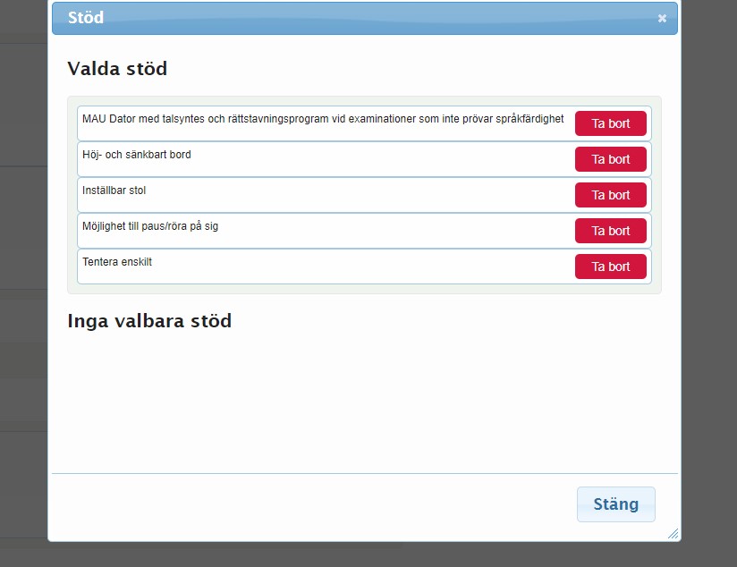 Skärmdump över sida där valda stöd för person med NAIS-beslut visas.