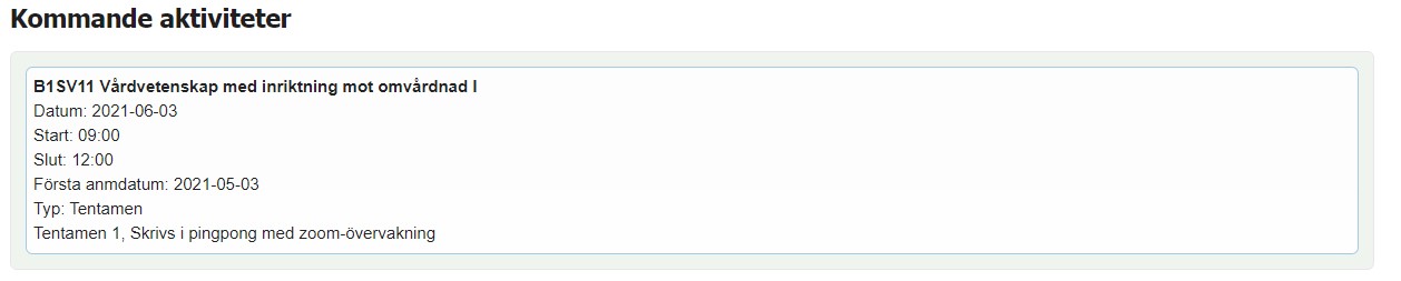 Skärmdump över sidan "Kommande aktiviteter" och exempel på aktivitet.