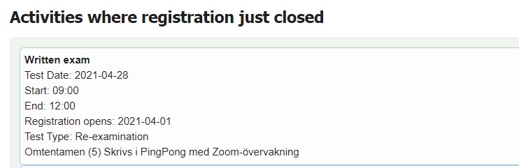 Screenshot of a page with the heading "Activities where registration just closed" and an example of an activity