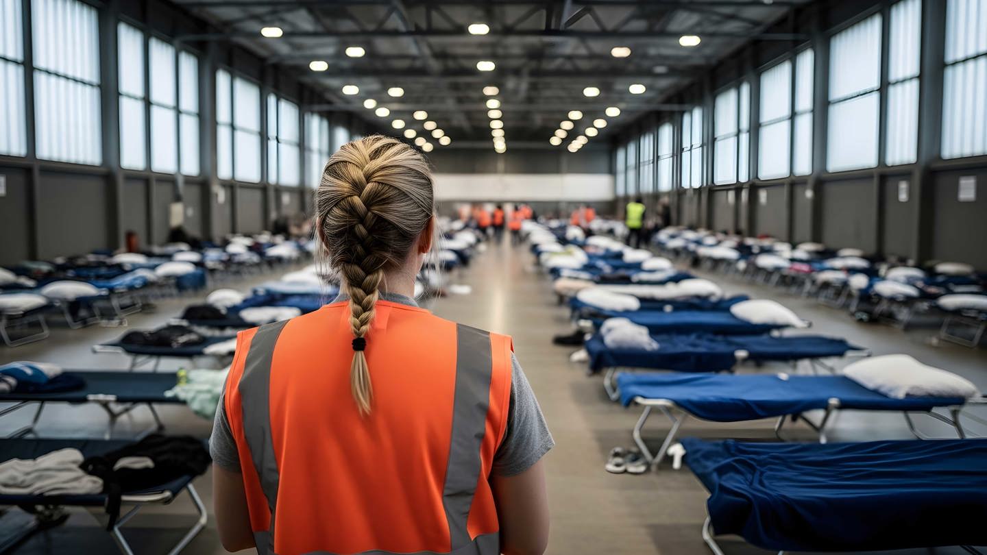 Kvinna i varselväst står i ett fältsjukhus