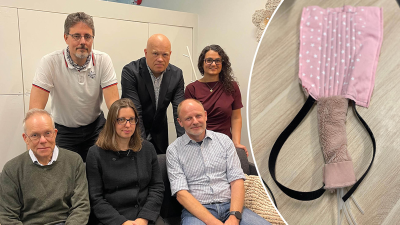 Bild på de fem personerna i intervjun och på en textil muskel