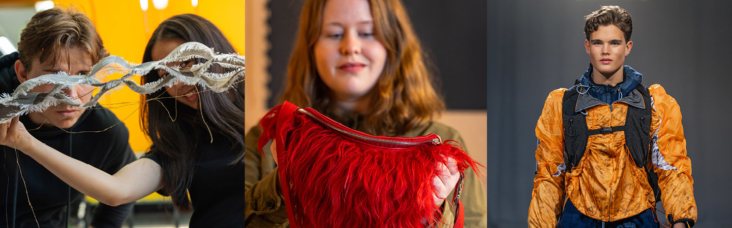 3 bilder av studenter på Textilhögskolan