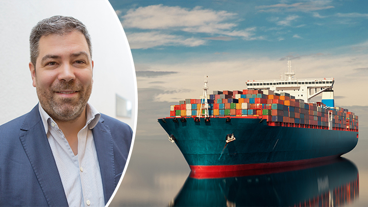 Montage, porträttbild av Daniel Ekwall samt en bild på ett fullastat containerfartyg till sjöss. 