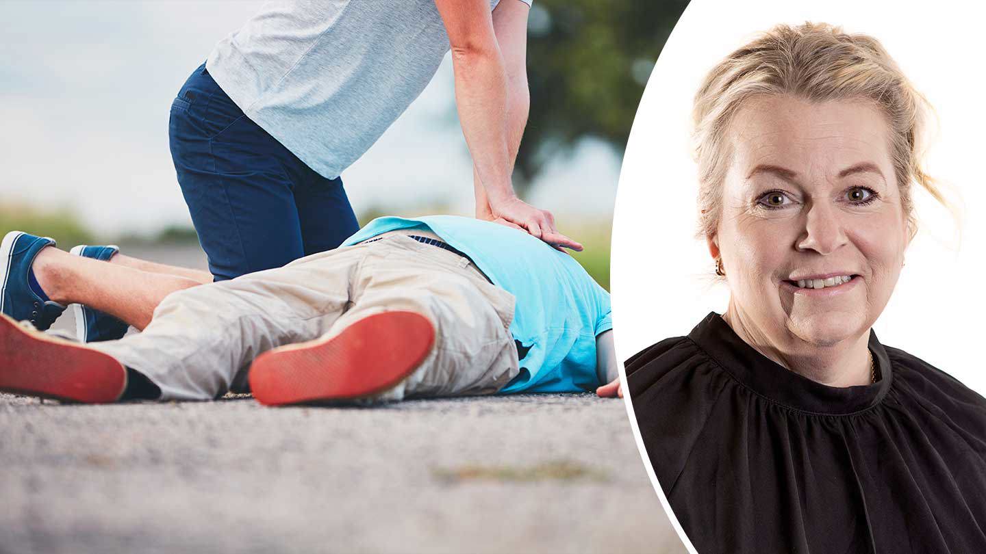 Kollage: porträttbild Åsa Högstedt och bild på person som gör HLR