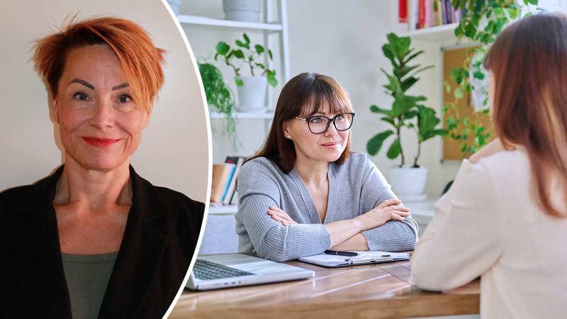 Kollage: Bild på Pernilla Liedgren och bakgrundsbild med möte på kontor