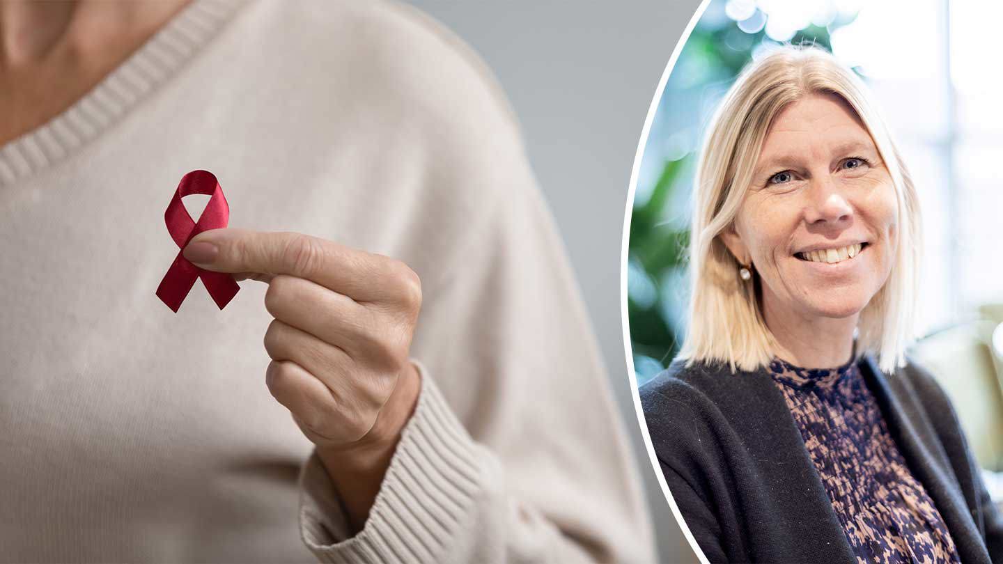 Kollage: Genrebild med äldre kvinna med hiv-symbol och porträttbild av Ewa Carlsson Lalloo