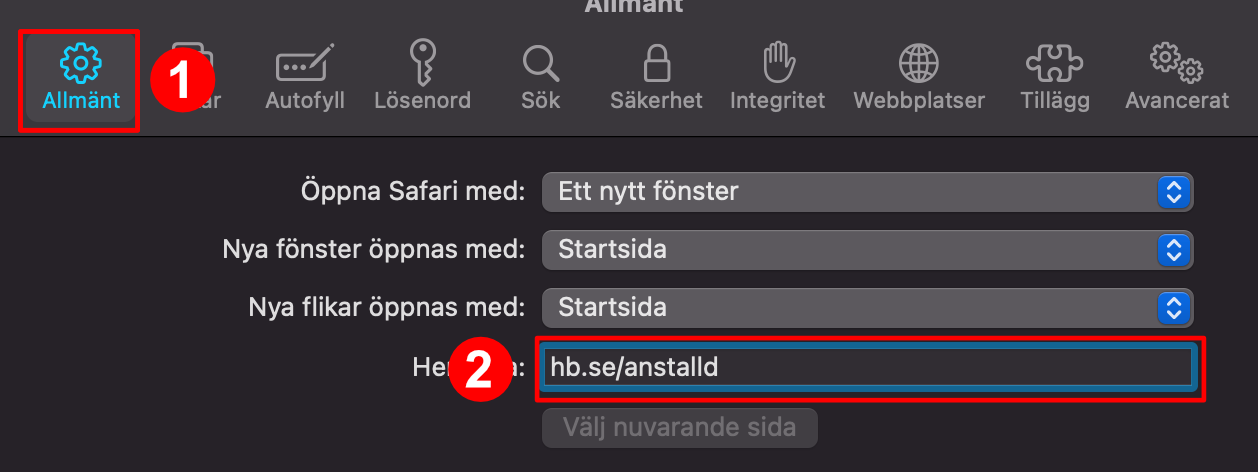 Lägga till Personlig startsida som startsida i webbläsaren - Safari (Mac)