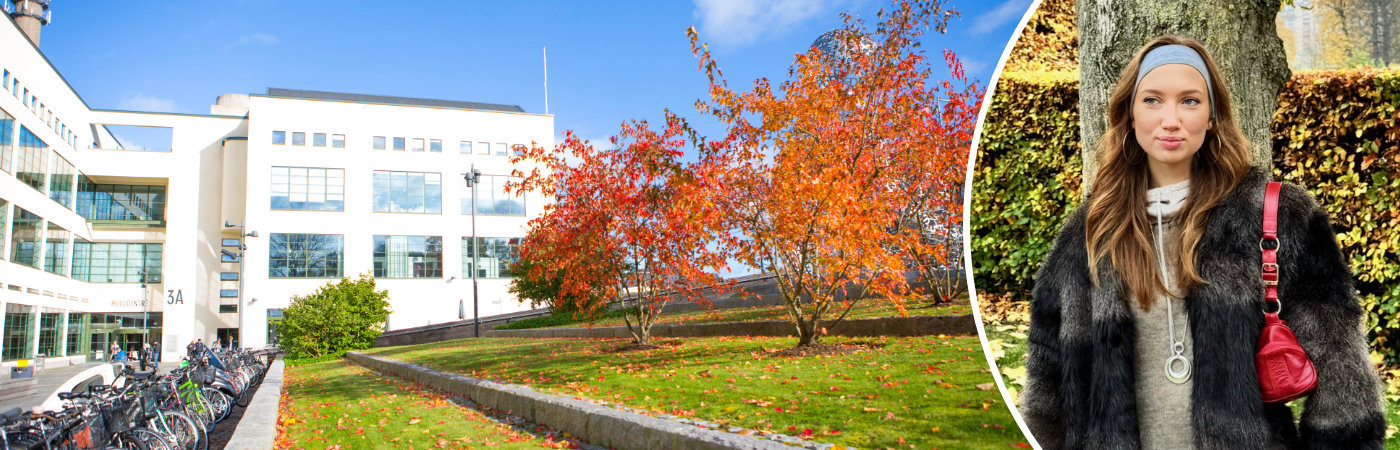 University campus to the left, female student to the right