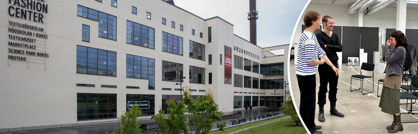 Textile Fashion Centre to the left, two male students and one female student to the right