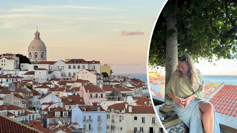 Hus till vänster, kvinnlig student till höger