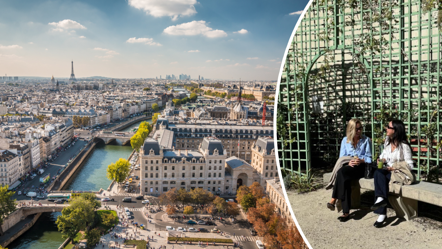 Stadsvy över Paris till vänster, två kvinnliga studenter till höger