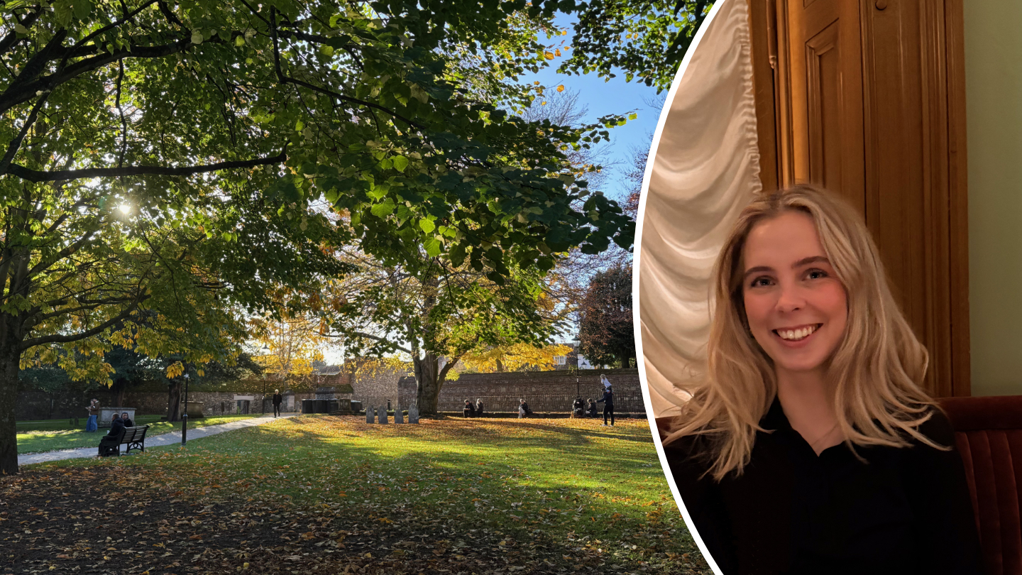 Grön park till vänster, kvinnlig student till höger