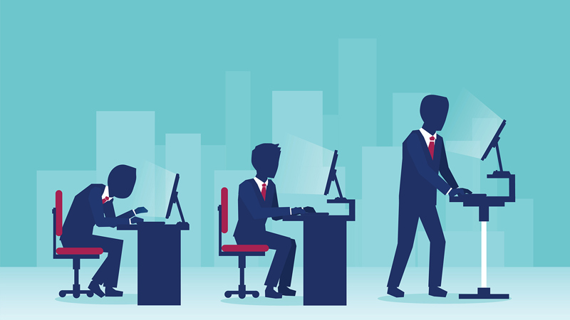 Businessman working at the computer in the office in different sitting positions, one of them using a standing desk